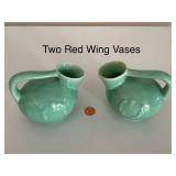 Set of 4 Vintage Pottery Vases with Leaf Motif and Two Matching Red Wing Belle Kogan Vases