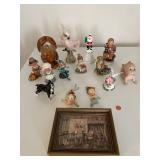Collection of 14 Vintage Ceramic Figurines and Framed Art
