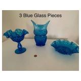 Set of 3 Mod Blue Glass Decor Pieces incl Owl