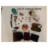 Assorted Collectible Items Including Brazing Glasses, Watches, Rosary, and Trinkets