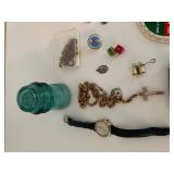 Assorted Collectible Items Including Brazing Glasses, Watches, Rosary, and Trinkets