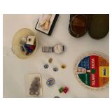 Assorted Collectible Items Including Brazing Glasses, Watches, Rosary, and Trinkets