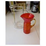 Set of 2 Glass Pitchers: Clear and Amberina Red-Orange Textured
