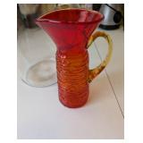 Set of 2 Glass Pitchers: Clear and Amberina Red-Orange Textured