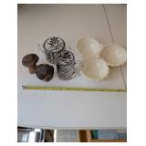 Assorted Tableware: Glass Creamer and Sugar Bowl Set, Ceramic Mushroom Shakers, and Divided Serving Dish