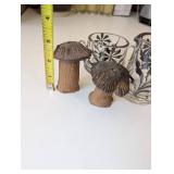 Assorted Tableware: Glass Creamer and Sugar Bowl Set, Ceramic Mushroom Shakers, and Divided Serving Dish