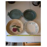 Set of Vintage Bowls Including Watt Advertising Apple Bowl, Red Wing, and Blue Heaven Pieces