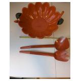 Vintage Ceramic Bowl with Lid and Serving Utensils