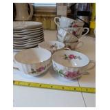 Set of 6 Vintage Rose Pattern Snack Plates and 6 Cups