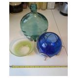 Set of 3 Colored Glass Vases and Bowl