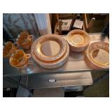 Set of Vintage Peach Lusterware Dishes with Plates, Bowls, and Cups