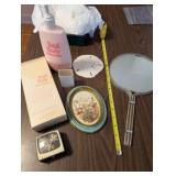 Vintage Vanity Set with Moisturizer, Hand Mirror, and Decorative Items