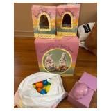 Set of Spring Decor: Water Globes, Rabbit Figurines, Eggs, Candle