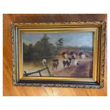Framed Vintage Oil Painting of Horses and Cart with Landscape