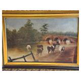 Framed Vintage Oil Painting of Horses and Cart with Landscape