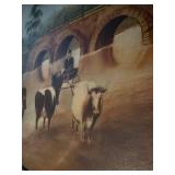 Framed Vintage Oil Painting of Horses and Cart with Landscape