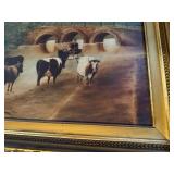 Framed Vintage Oil Painting of Horses and Cart with Landscape