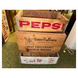 Vintage Wooden Crates Collection: Pepsi, Scotch Whisky, and 7 Up