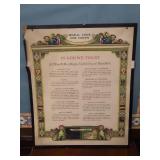 SMALL TABLE, FRAMEDCORK BOARD & ANTIQUE MORAL CODE SIGN