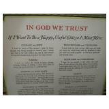 SMALL TABLE, FRAMEDCORK BOARD & ANTIQUE MORAL CODE SIGN