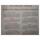 SMALL TABLE, FRAMEDCORK BOARD & ANTIQUE MORAL CODE SIGN