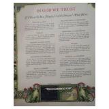 SMALL TABLE, FRAMEDCORK BOARD & ANTIQUE MORAL CODE SIGN