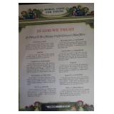 SMALL TABLE, FRAMEDCORK BOARD & ANTIQUE MORAL CODE SIGN