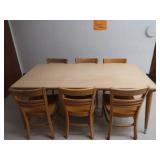 6 WOODEN STUDENT CHAIRS AND WOODEN TABLE
