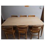6 WOODEN STUDENT CHAIRS AND WOODEN TABLE
