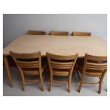 6 WOODEN STUDENT CHAIRS AND WOODEN TABLE