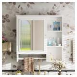 Tenleaf White 29 in. W x 28 in. H Rectangular Wood Medicine Cabinet with Mirror, Bathroom Wall Cabinet with Adjustable Shelves