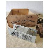 Vintage Blue Anchor Fruit Box and Animal Traps Oneida Victor