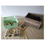 Vintage Fergus Wooden Bottle Crate and Vintage Sewing Box with Accessories