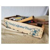Various Tools and Vintage Fruit Crate