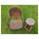 Vintage Metal Chair with great Patina and vintage Metal Stool