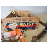 Various Tools and Vintage Fruit Crate and Vise