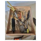 Various Tools and Vintage Fruit Crate and Vise