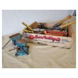 Various Tools and Vintage Fruit Crate and Vise