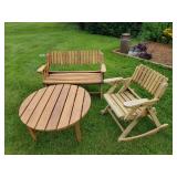 Indoor outdoor Wooden Rocking Chair, Bench and Coffee Table in solid condition