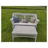 Wicker Love Seat and Coffee Table with Throw Pillows