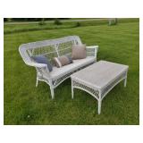 Wicker Love Seat and Coffee Table with Throw Pillows
