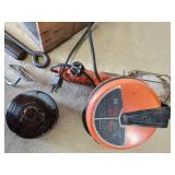 Misc Lot of Tools, retractable Light, TRC-217 Transceiver, and more with Vintage Fruit Crate