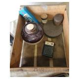 Misc Lot of Tools, retractable Light, TRC-217 Transceiver, and more with Vintage Fruit Crate