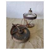 Vintage Hudson Mfg Pulley With Vintage Keroscene Glass Jar