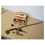Fishing Lot, two Reels Ocean City, Hiawatha, and others with tackle box with Tackle