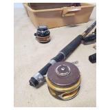 Fishing Lot, two Reels Ocean City, Hiawatha, and others with tackle box with Tackle