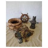 Lot of Nautical Lake Décor, Pully with Rope Small Sips Wheel, Bear Holding Fish and Antique Basket