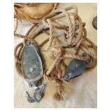 Lot of Nautical Lake Décor, Pully with Rope Small Sips Wheel, Bear Holding Fish and Antique Basket