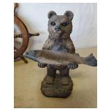 Lot of Nautical Lake Décor, Pully with Rope Small Sips Wheel, Bear Holding Fish and Antique Basket