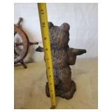 Lot of Nautical Lake Décor, Pully with Rope Small Sips Wheel, Bear Holding Fish and Antique Basket